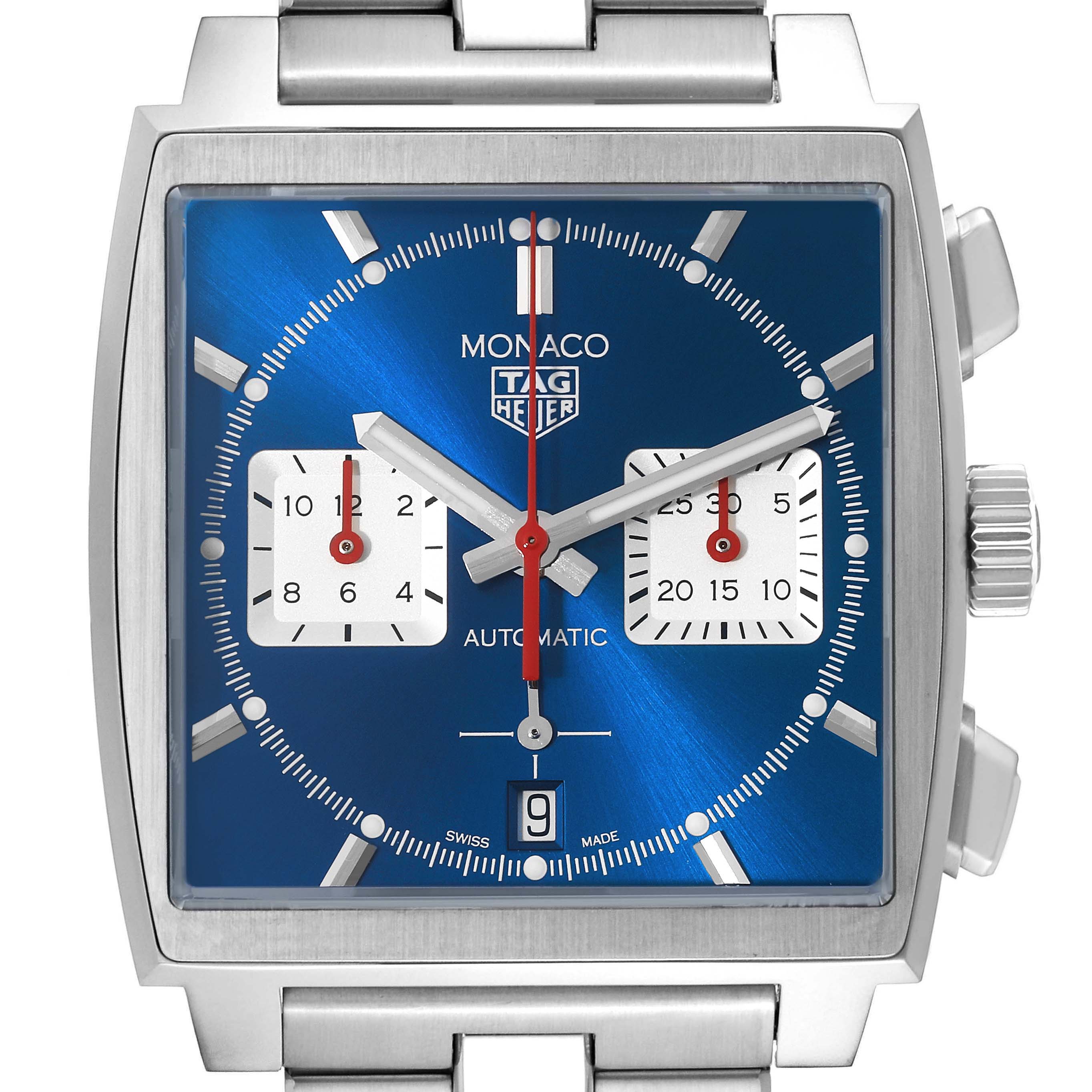 The Tag Heuer Monaco CBL2111.BA0644 Men's Stainless Steel Blue Dial CBL2111.BA0644 Men's Stainless Steel Blue Dial model watch is shown at a front angle, displaying its blue dial, subdials, and stainless steel case and bracelet.