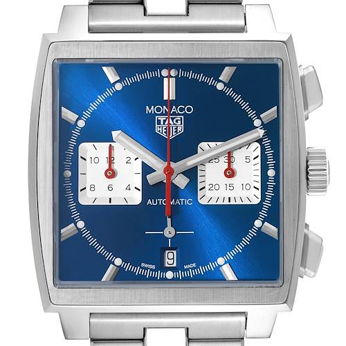 The image shows a close-up front view of a Tag Heuer Monaco watch, highlighting its blue dial and two subdials.