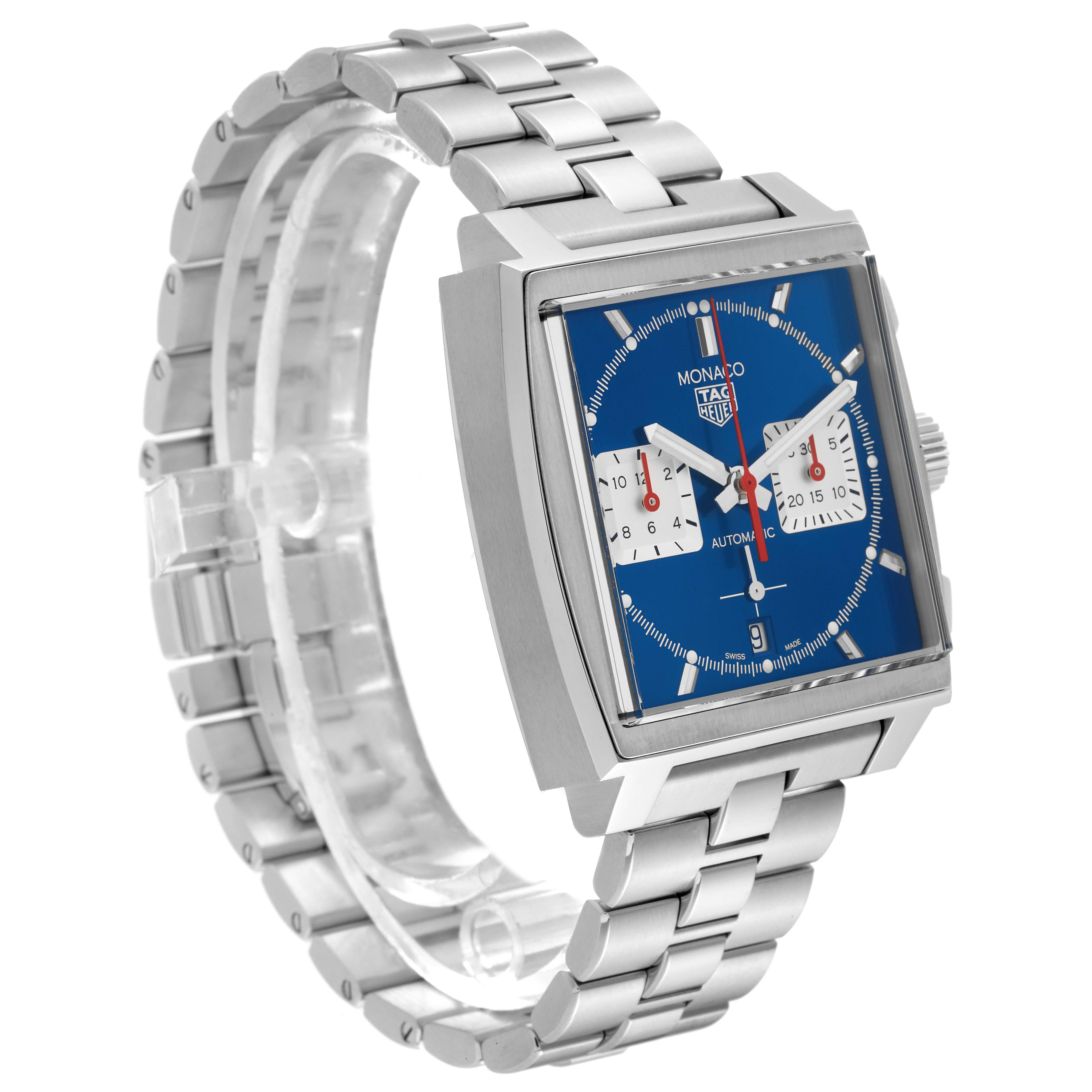 The Tag Heuer Monaco CBL2111.BA0644 Men's Stainless Steel Blue Dial CBL2111.BA0644 Men's Stainless Steel Blue Dial watch is shown from an angled side view, displaying the face, crown, and bracelet.