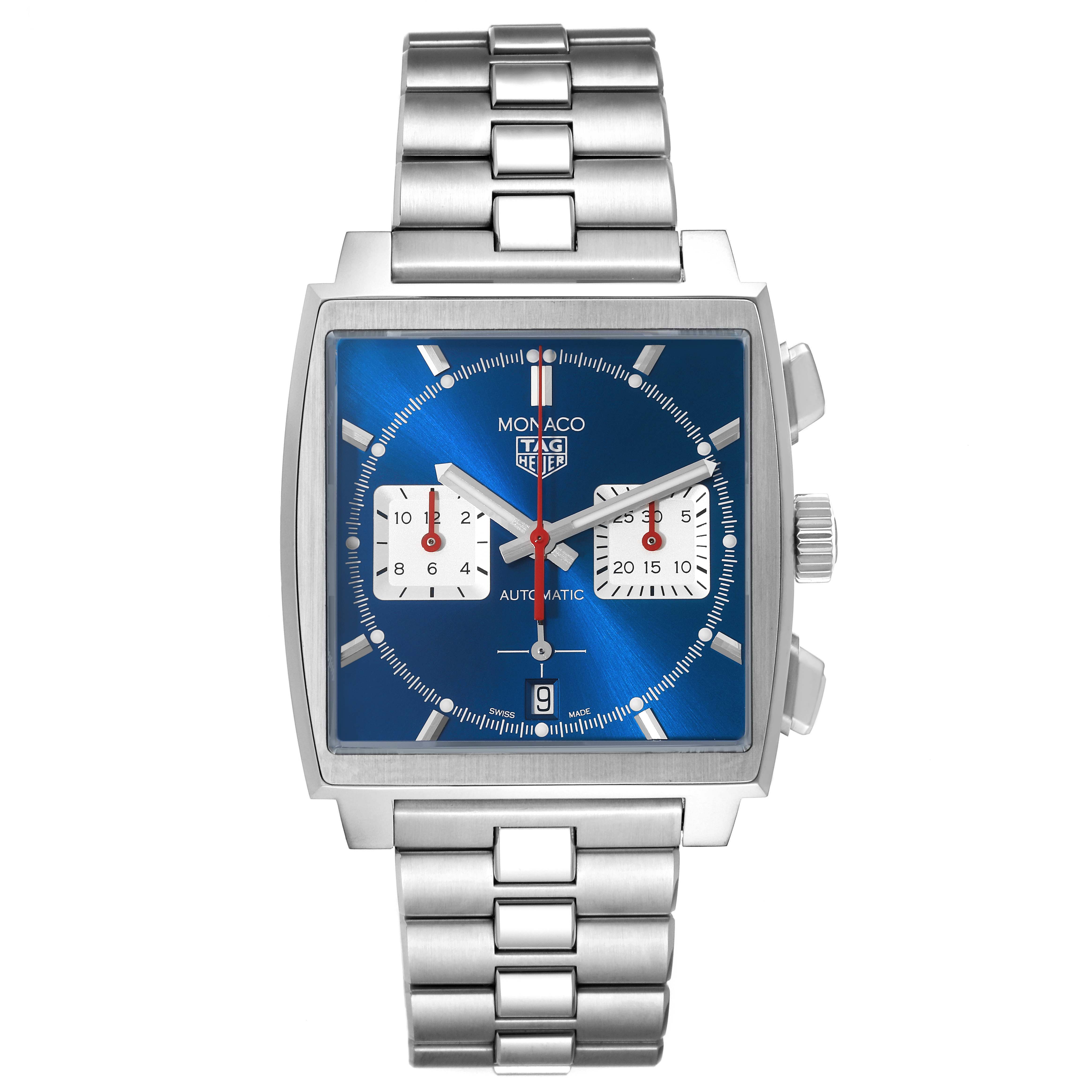 The image shows a front view of a Tag Heuer Monaco CBL2111.BA0644 Men's Stainless Steel Blue Dial CBL2111.BA0644 Men's Stainless Steel Blue Dial watch with a blue dial, silver strap, and two sub-dials.