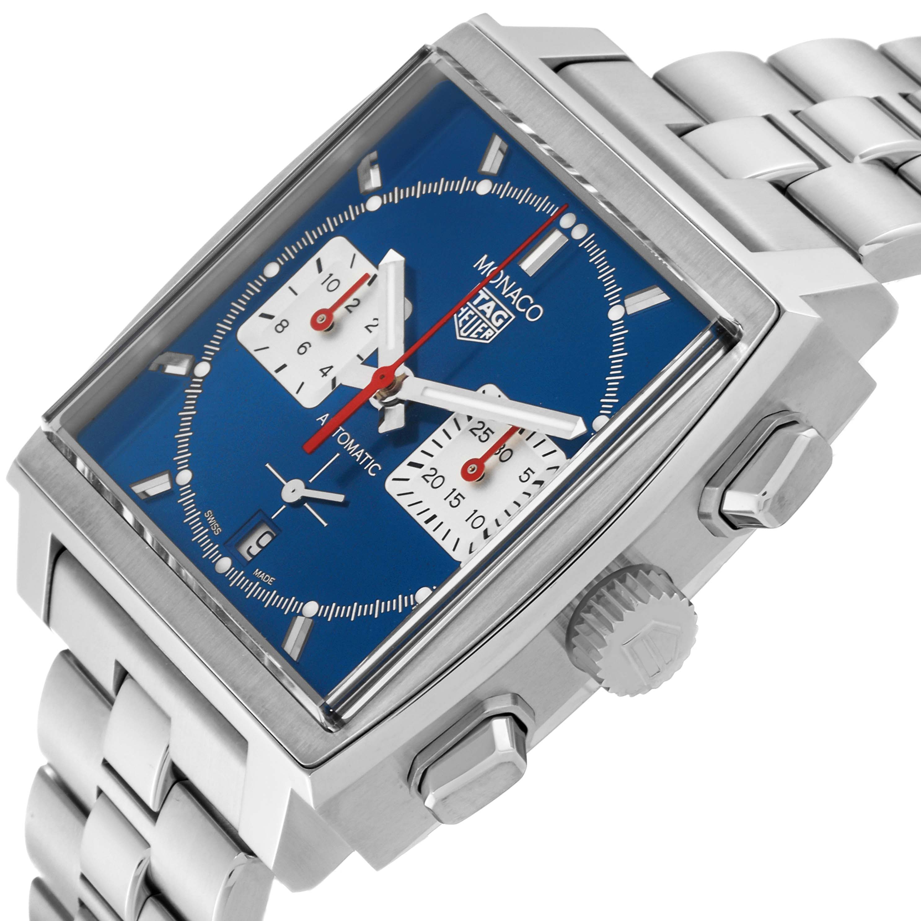 The image shows the face, crown, and chronograph pushers of a Tag Heuer Monaco CBL2111.BA0644 Men's Stainless Steel Blue Dial CBL2111.BA0644 Men's Stainless Steel Blue Dial watch at a three-quarter angle.