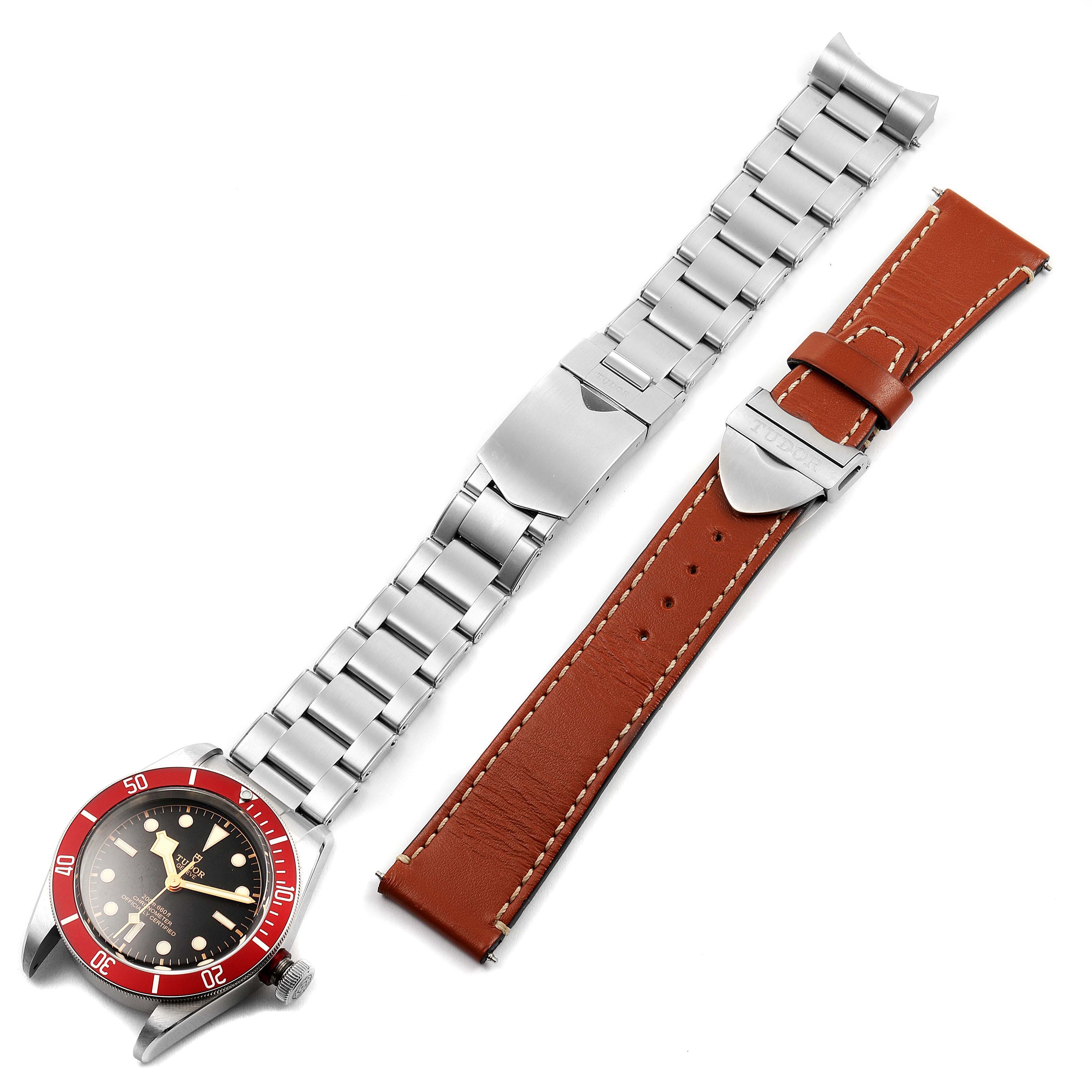 The image shows the Heritage Black Bay watch by Tudor with both metal and leather strap options.