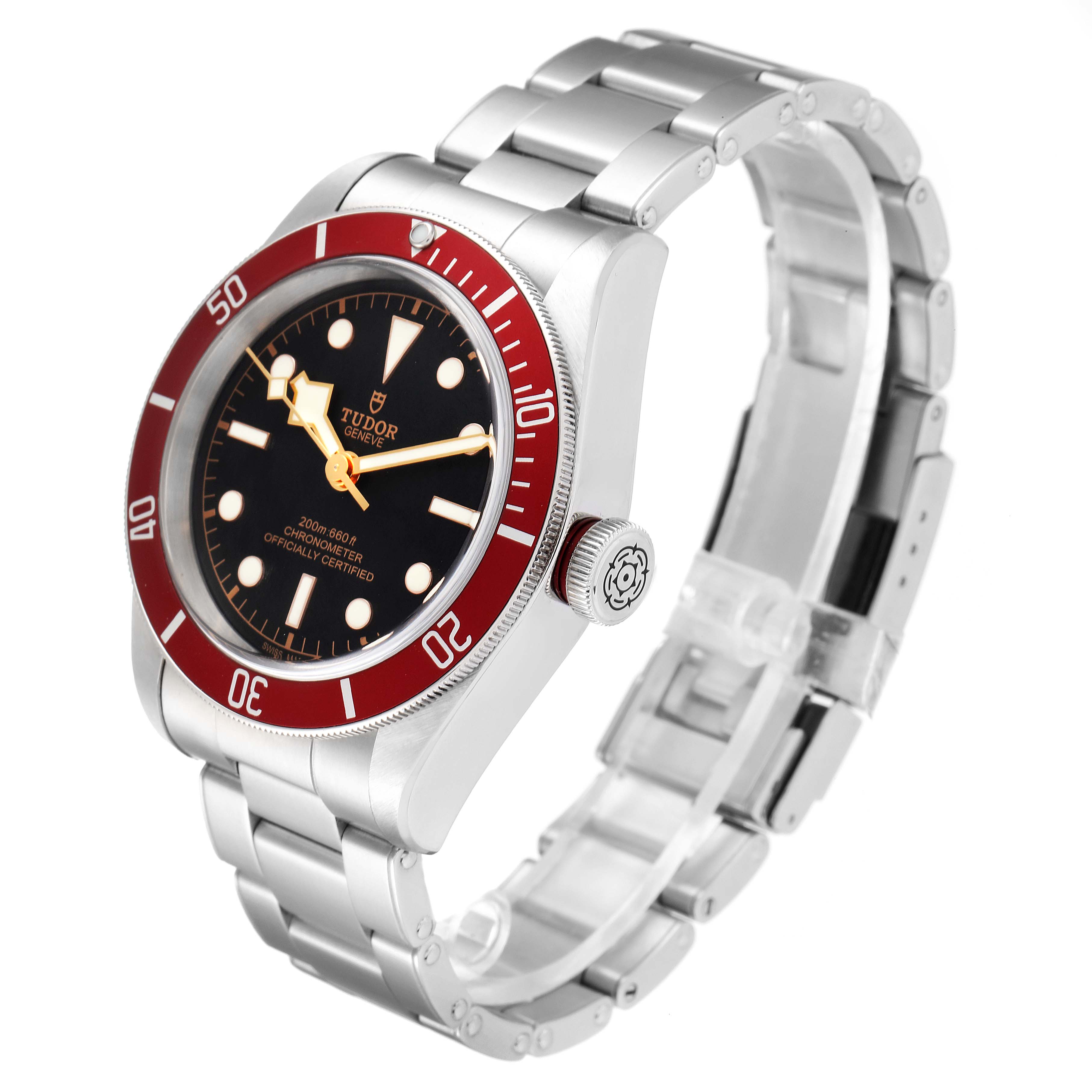 The image shows a Tudor Heritage Black Bay 79230R Men
s Stainless Steel Black Dial 79230R Men
s Stainless Steel Black Dial watch at a three-quarter angle, highlighting its bezel, dial, crown, and bracelet.