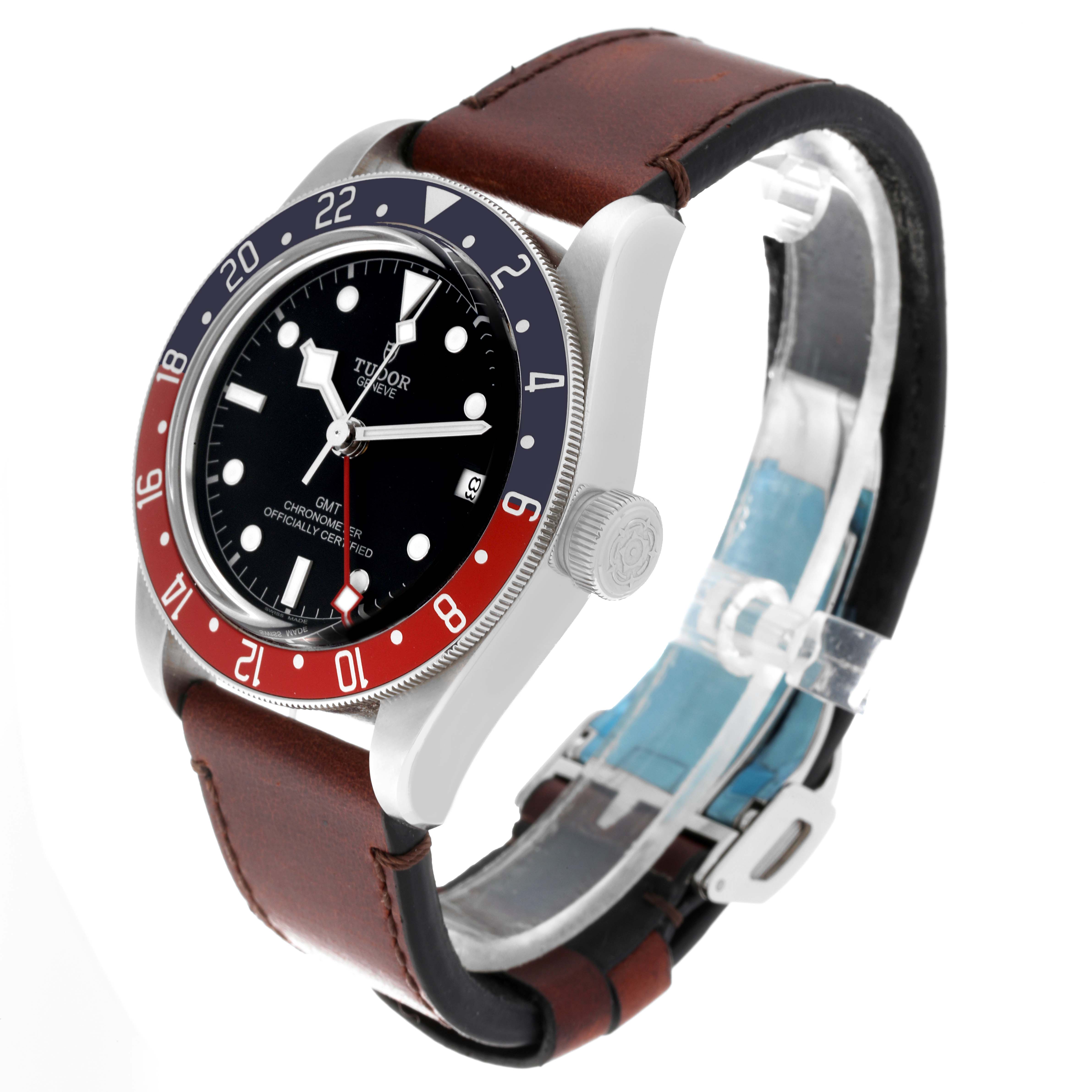 The image shows a Tudor Heritage Black Bay 79830RB Men
s Stainless Steel Black Dial 79830RB Men
s Stainless Steel Black Dial watch, angled to display the front, side case, crown, and leather strap.