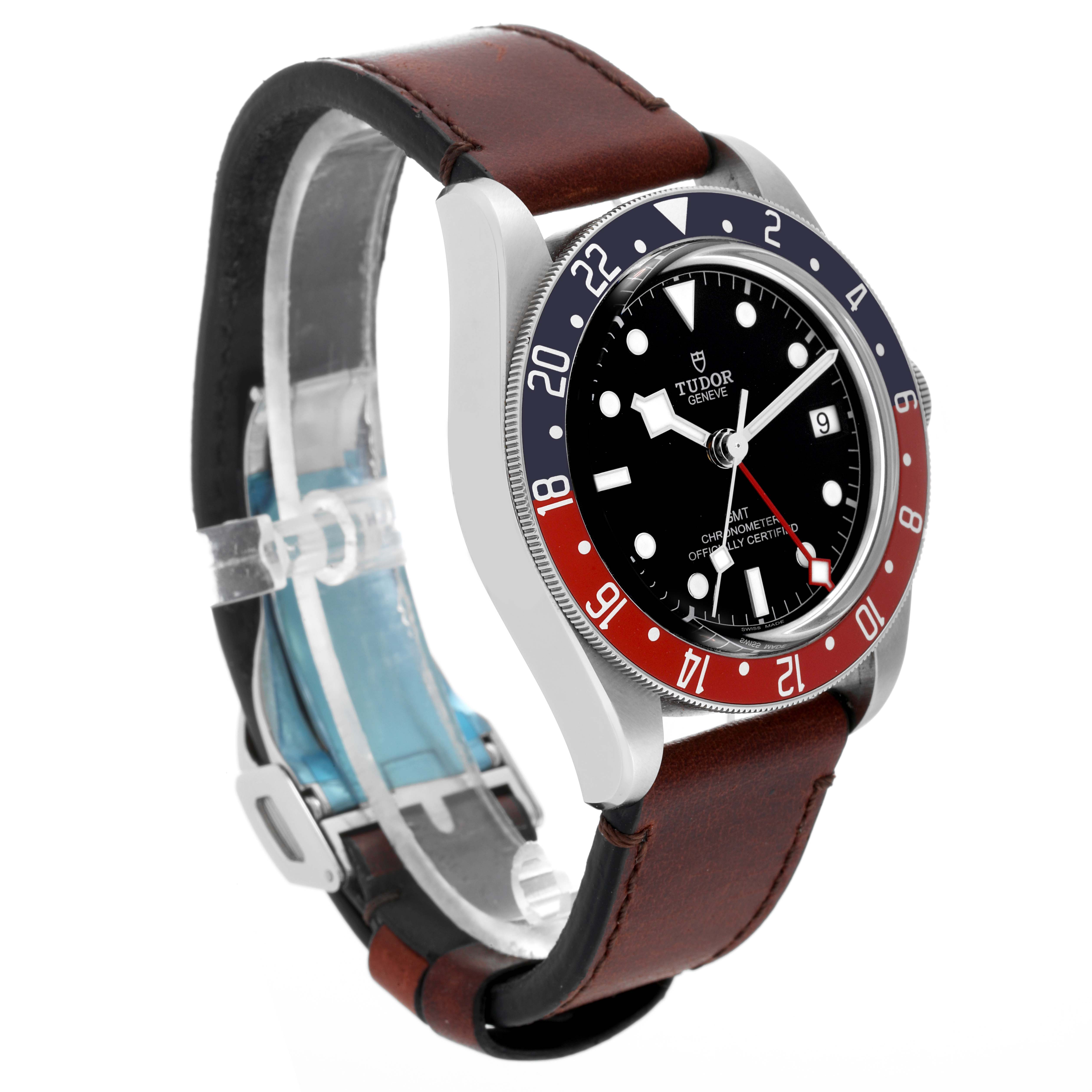 The Tudor Heritage Black Bay 79830RB Men
s Stainless Steel Black Dial 79830RB Men
s Stainless Steel Black Dial watch is shown from an angled side view displaying the dial, bezel, and brown leather strap.