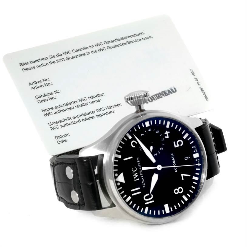 The image shows an IWC Pilot IW500901 Men's Stainless Steel Black Dial IW500901 Men's Stainless Steel Black Dial model watch at an angled view, highlighting the face, crown, and part of the black leather strap.