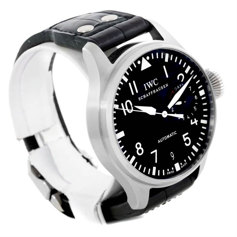The IWC Pilot IW500901 Men's Stainless Steel Black Dial IW500901 Men's Stainless Steel Black Dial watch is shown at a slight angle, featuring the dial, crown, case, and leather strap with rivets.