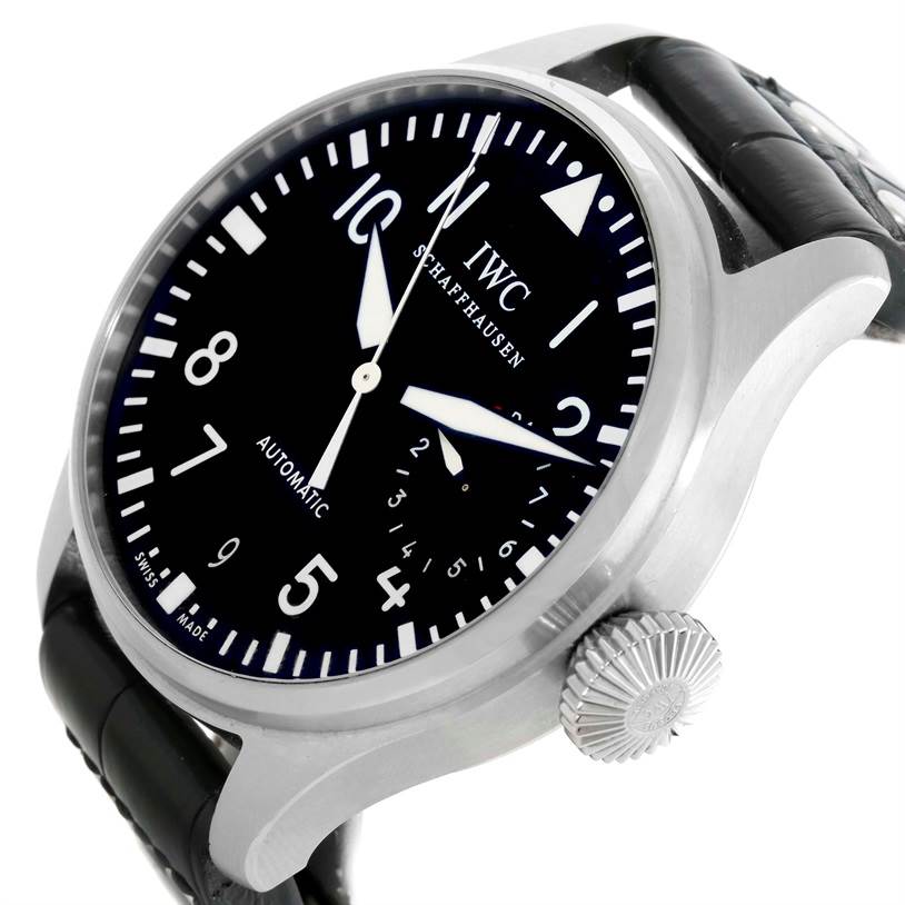 The IWC Pilot IW500901 Men's Stainless Steel Black Dial IW500901 Men's Stainless Steel Black Dial model watch is shown at an angle highlighting the dial, crown, and part of the leather strap.