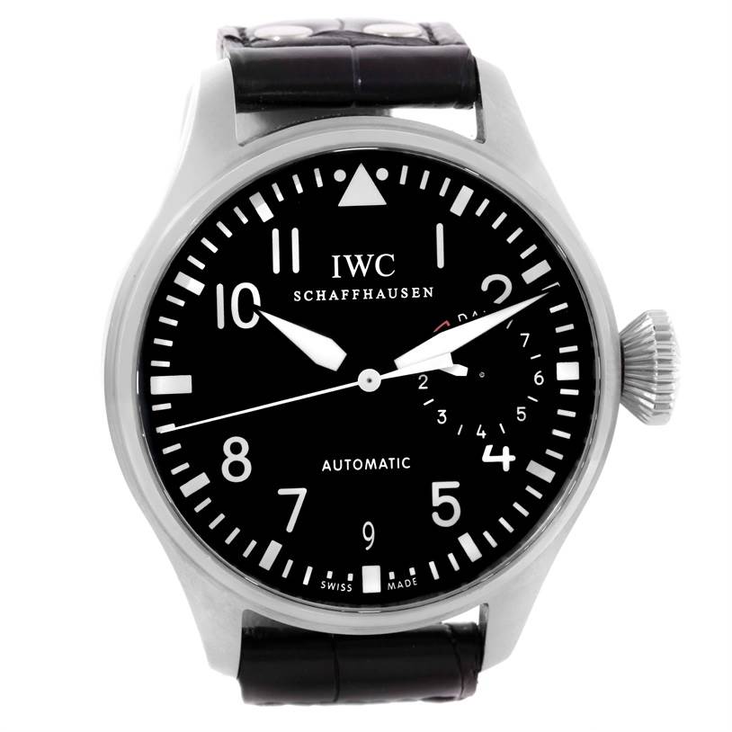 The image shows a frontal view of an IWC Pilot IW500901 Men's Stainless Steel Black Dial IW500901 Men's Stainless Steel Black Dial model watch with its face, numerals, hands, and crown visible.