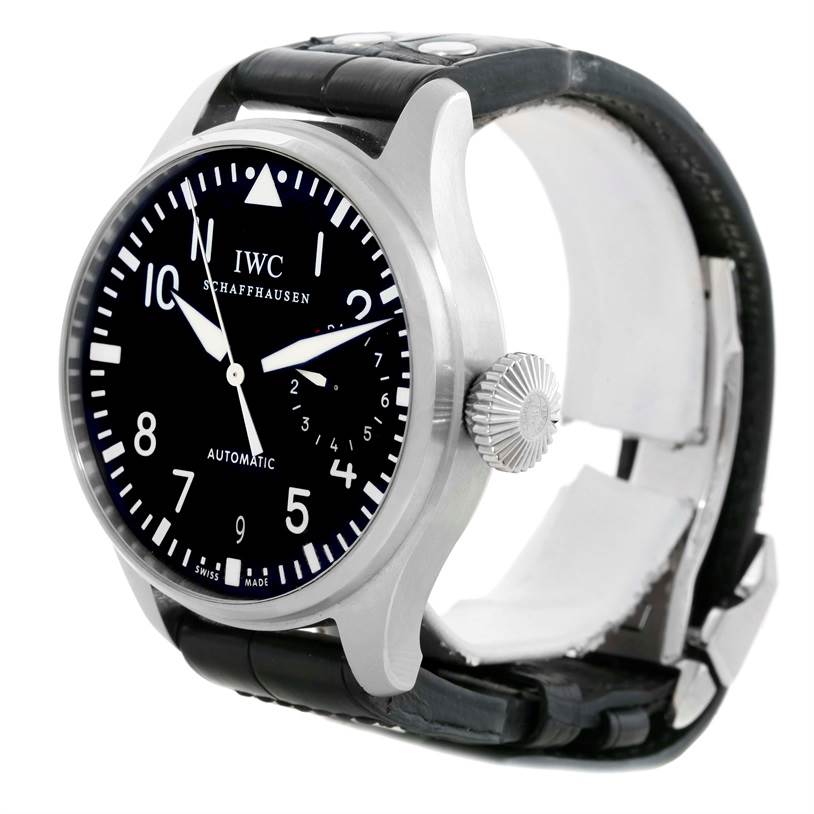 The image shows a side angle of the IWC Pilot IW500901 Men's Stainless Steel Black Dial IW500901 Men's Stainless Steel Black Dial watch, highlighting the watch face, bezel, crown, and leather strap.