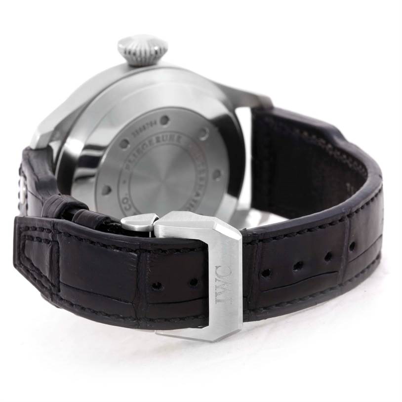 The image shows the back case and clasp of an IWC Pilot IW500901 Men's Stainless Steel Black Dial IW500901 Men's Stainless Steel Black Dial watch, with a focus on the leather strap and buckle.