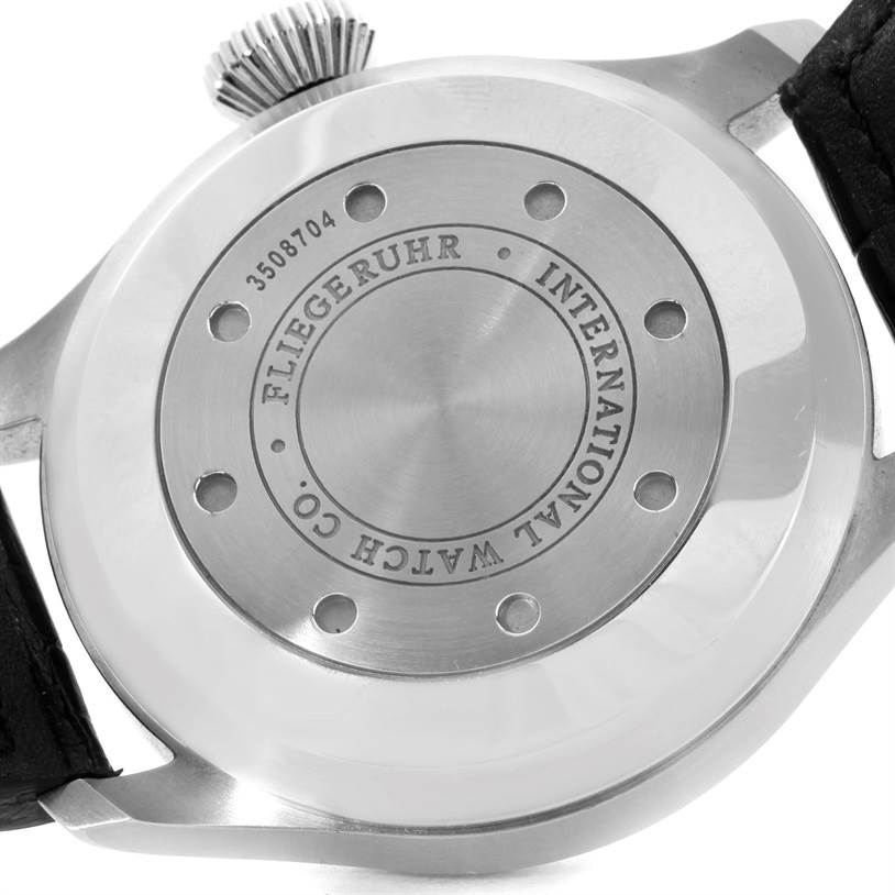 The image shows the back of an IWC Pilot IW500901 Men's Stainless Steel Black Dial IW500901 Men's Stainless Steel Black Dial model watch, displaying the case back and crown from an angled view.