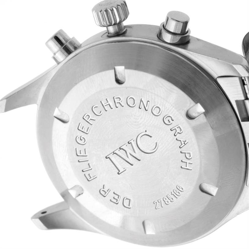 The image shows the back case and crown of the IWC Pilot IW370607 Men's Stainless Steel Black Dial IW370607 Men's Stainless Steel Black Dial model watch.