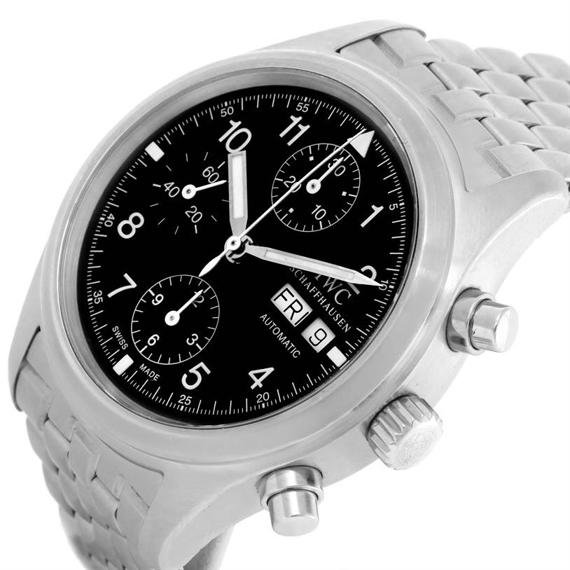 The image shows a close-up angle of the dial and metal bracelet of an IWC Pilot IW370607 Men's Stainless Steel Black Dial IW370607 Men's Stainless Steel Black Dial watch.