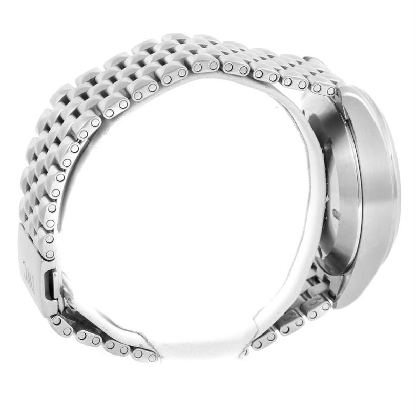 The photo shows the side view of an IWC Pilot IW370607 Men's Stainless Steel Black Dial IW370607 Men's Stainless Steel Black Dial watch, focusing on its metal bracelet and case side.