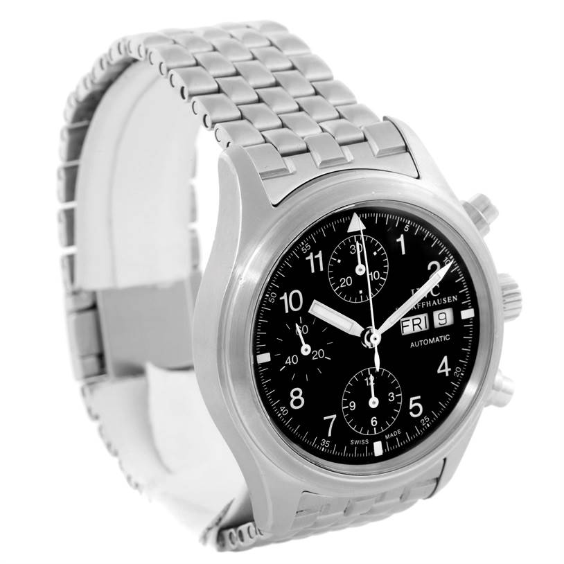 The IWC Pilot IW370607 Men's Stainless Steel Black Dial IW370607 Men's Stainless Steel Black Dial watch is shown from a three-quarter angle, highlighting the stainless steel bracelet, dial, and chronograph pushers.