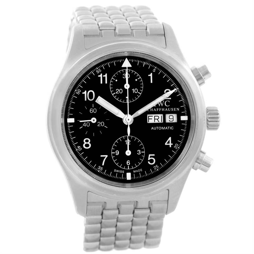 This image shows the front view of an IWC Pilot IW370607 Men's Stainless Steel Black Dial IW370607 Men's Stainless Steel Black Dial watch with its stainless steel bracelet and chronograph features visible.
