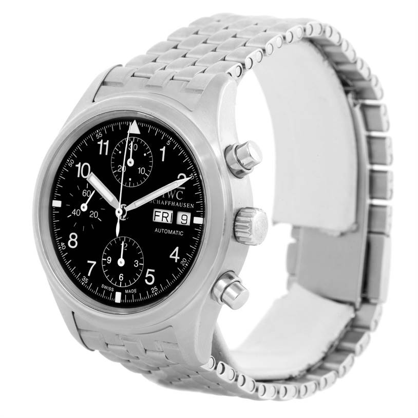 The IWC Pilot IW370607 Men's Stainless Steel Black Dial IW370607 Men's Stainless Steel Black Dial model watch is shown from an oblique angle displaying its face, bezel, chronograph buttons, and metal bracelet.