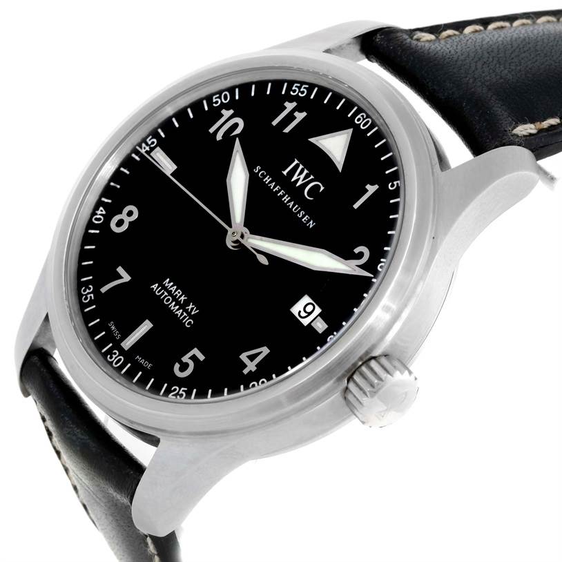 The IWC Pilot IW3253 Men's Stainless Steel Black Dial IW3253 Men's Stainless Steel Black Dial Watch model is shown at an angle highlighting the dial, bezel, crown, and a portion of the leather strap.