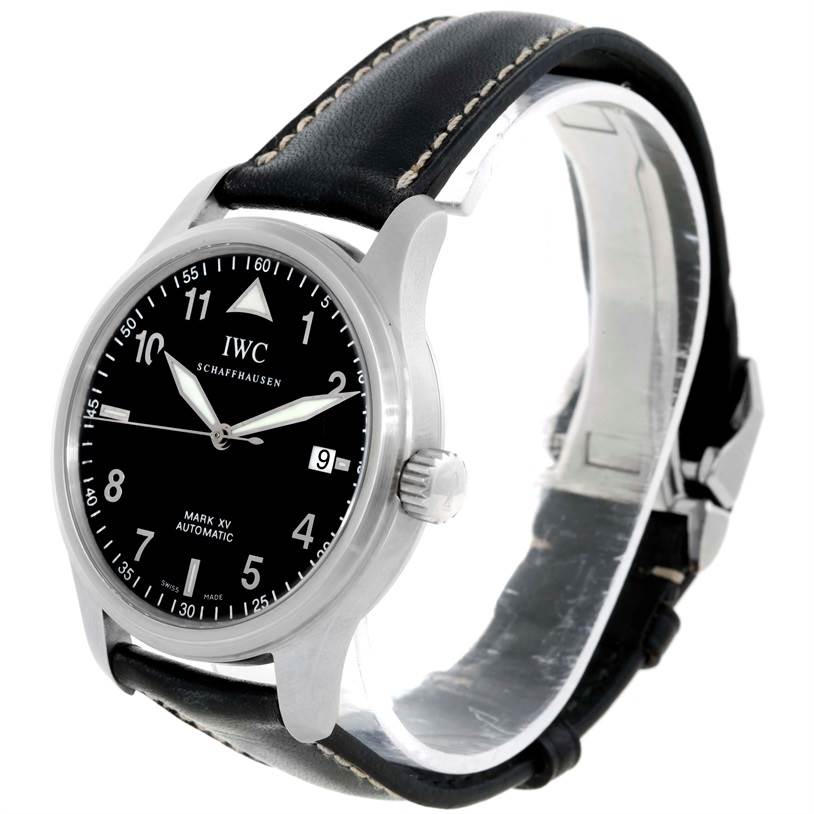 The IWC Pilot IW3253 Men's Stainless Steel Black Dial IW3253 Men's Stainless Steel Black Dial watch is shown at a three-quarter angle, displaying its face, crown, and leather strap.