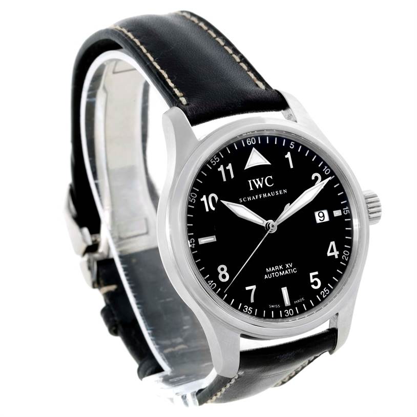 The IWC Pilot IW3253 Men's Stainless Steel Black Dial IW3253 Men's Stainless Steel Black Dial model watch is shown at a three-quarter angle, featuring the dial, bezel, crown, and leather strap.