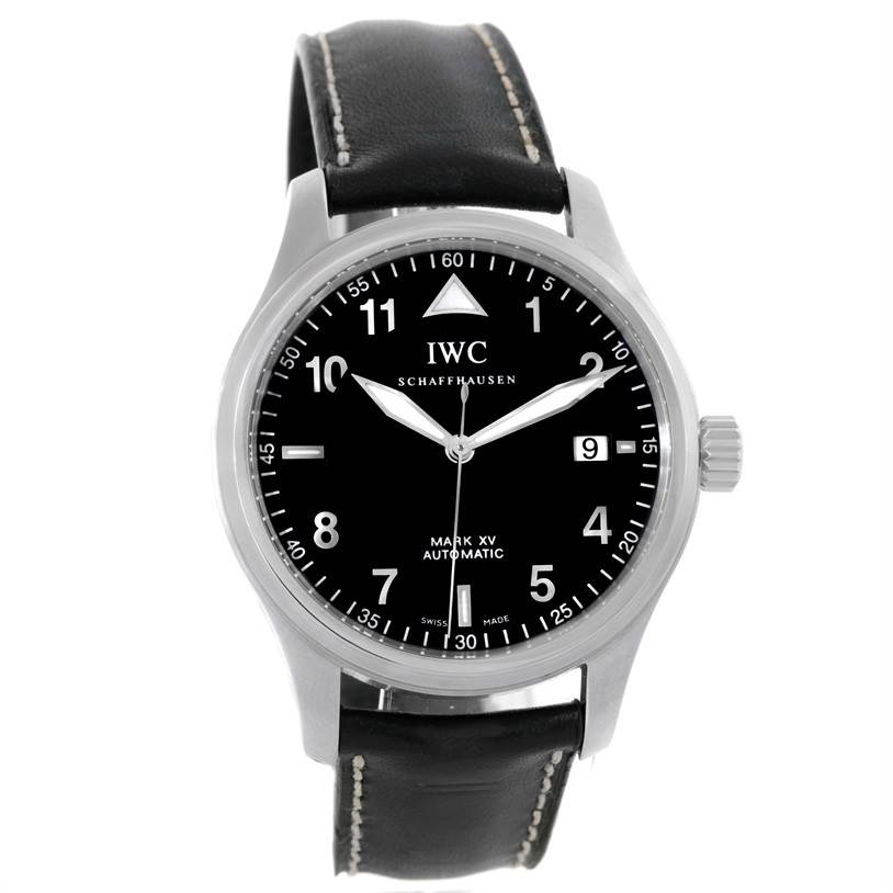The image shows a front view of the IWC Pilot IW3253 Men's Stainless Steel Black Dial IW3253 Men's Stainless Steel Black Dial Mark XV watch, highlighting its black dial and leather strap.