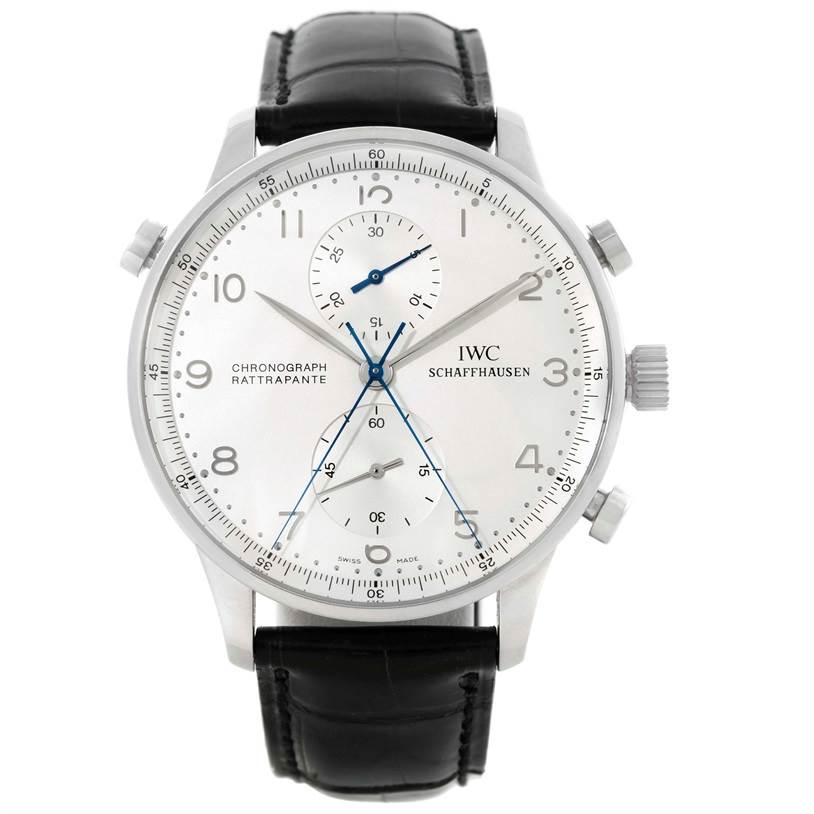The image shows a front view of an IWC Portuguese IW371205 Men's Platinum Silver Dial IW371205 Men's Platinum Silver Dial Chronograph Rattrapante watch with a black leather strap and silver dial.