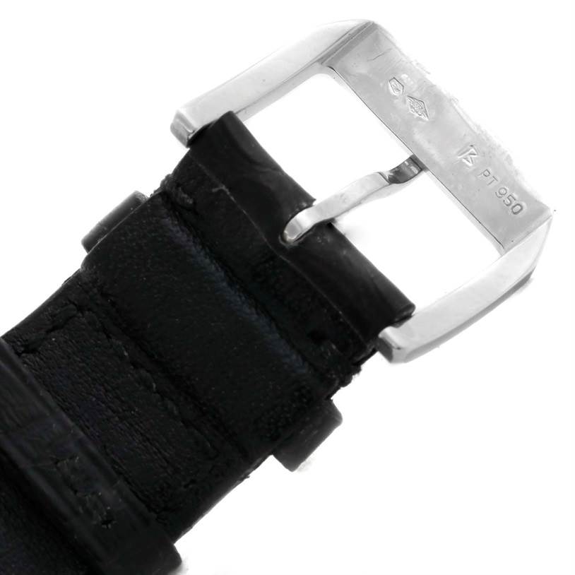 The image shows a close-up of the buckle and part of the leather strap of an IWC Portuguese IW371205 Men's Platinum Silver Dial IW371205 Men's Platinum Silver Dial watch.