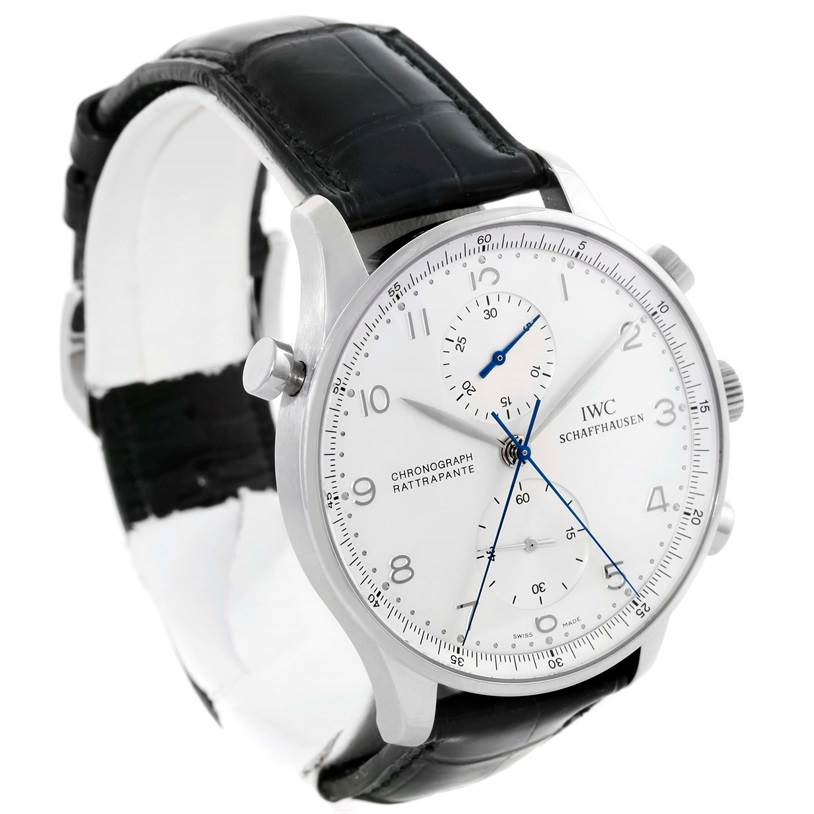 The IWC Portuguese IW371205 Men's Platinum Silver Dial IW371205 Men's Platinum Silver Dial watch is shown at a front angle, highlighting the dial, chronograph functions, and black leather strap.