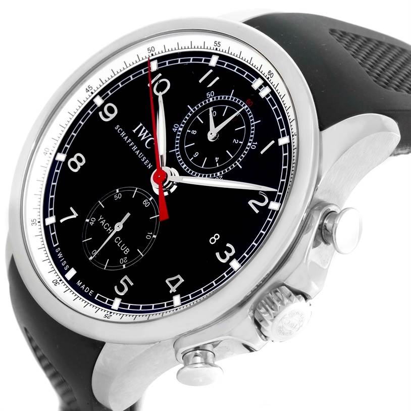 The image shows an angled side view of the IWC Portuguese IW390210 Men's Stainless Steel Black Dial IW390210 Men's Stainless Steel Black Dial Yacht Club watch, highlighting its black dial, chronograph subdials, and crown.