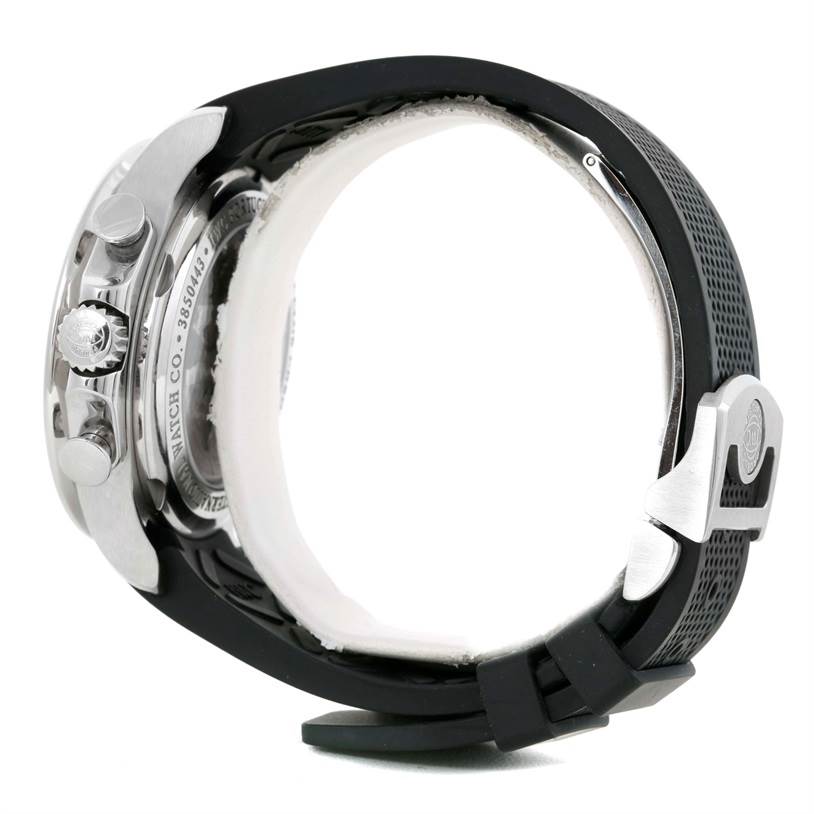 This side view of the IWC Portuguese IW390210 Men's Stainless Steel Black Dial IW390210 Men's Stainless Steel Black Dial model shows the crown, pushers, caseback, and rubber strap.