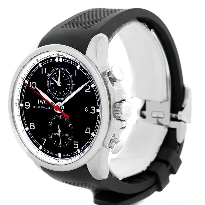 The Portuguese model by IWC is shown at a slight angle, highlighting its black dial, chronograph subdials, and black strap.