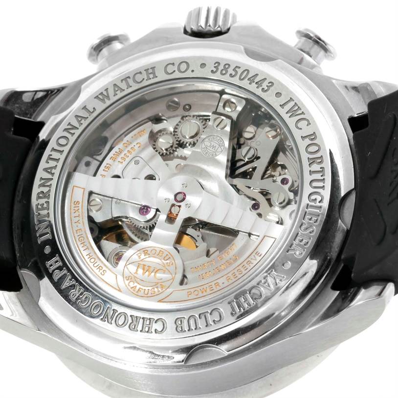 The image shows the back of the IWC Portuguese IW390210 Men's Stainless Steel Black Dial IW390210 Men's Stainless Steel Black Dial watch model, highlighting its intricate movement and transparent case back.