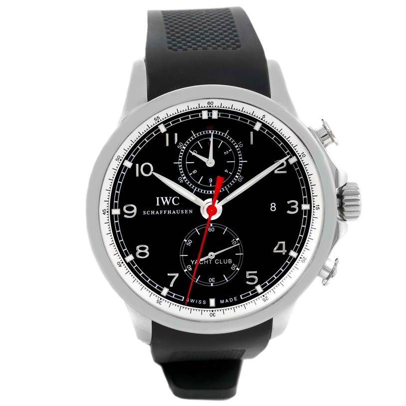 The image is of an IWC Portuguese IW390210 Men's Stainless Steel Black Dial IW390210 Men's Stainless Steel Black Dial Yacht Club watch showing its black dial, stainless steel case, and black rubber strap from a front angle.