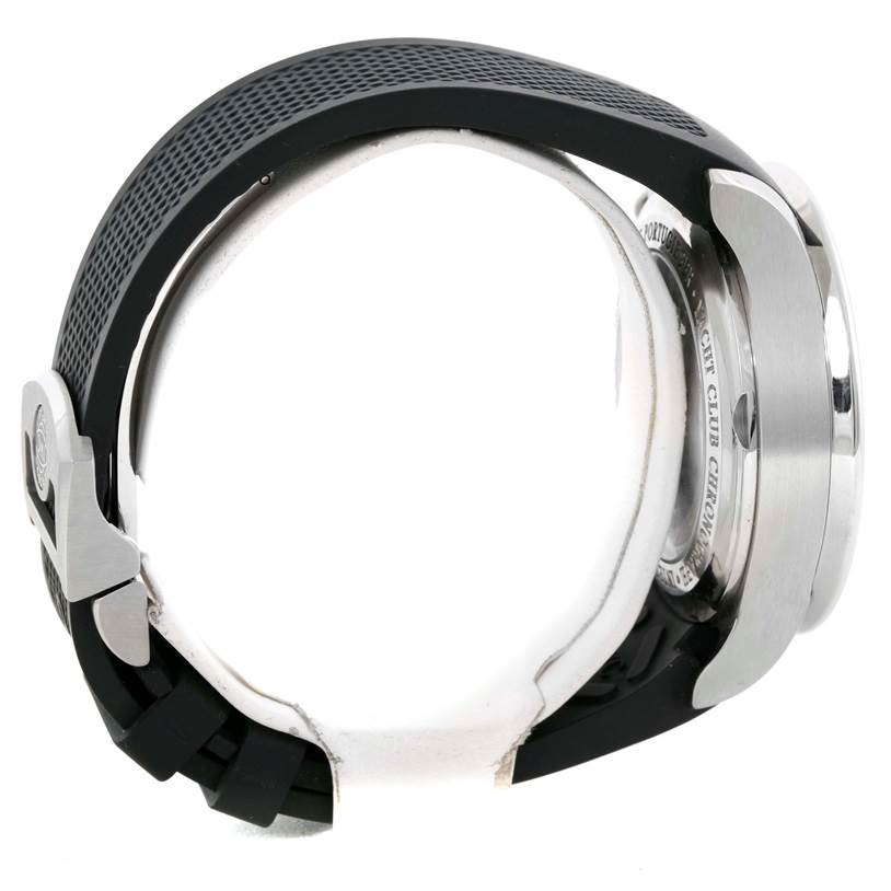 This image shows a side profile of an IWC Portuguese IW390210 Men's Stainless Steel Black Dial IW390210 Men's Stainless Steel Black Dial watch, highlighting its case, bezel, and rubber strap with a clasp.