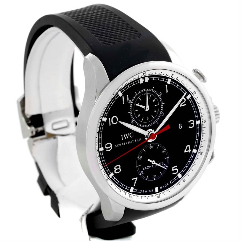 The image shows an IWC Portuguese IW390210 Men's Stainless Steel Black Dial IW390210 Men's Stainless Steel Black Dial watch with a black dial, rubber strap, chronograph subdials, and a date display.