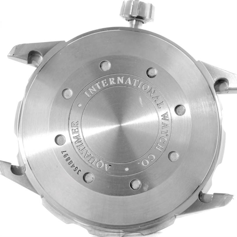 This image shows the back case of an IWC Aquatimer IW356802 Men
s Stainless Steel Black Dial IW356802 Men
s Stainless Steel Black Dial watch, displaying the brand and model engraving.