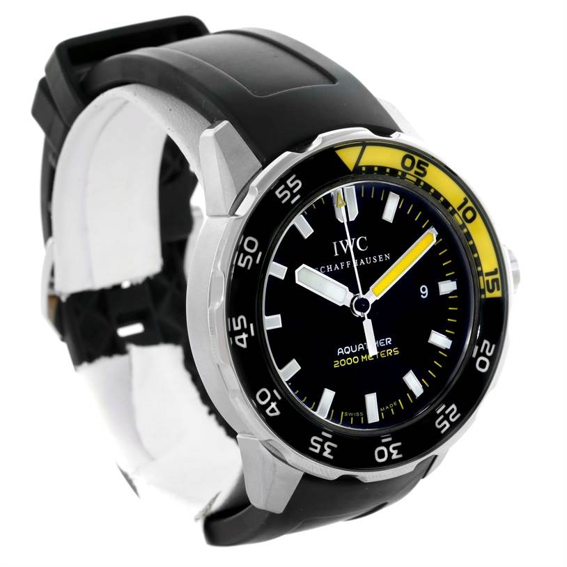 The image shows a front angle of an IWC Aquatimer IW356802 Men
s Stainless Steel Black Dial IW356802 Men
s Stainless Steel Black Dial watch, focusing on its dial, bezel, and strap.