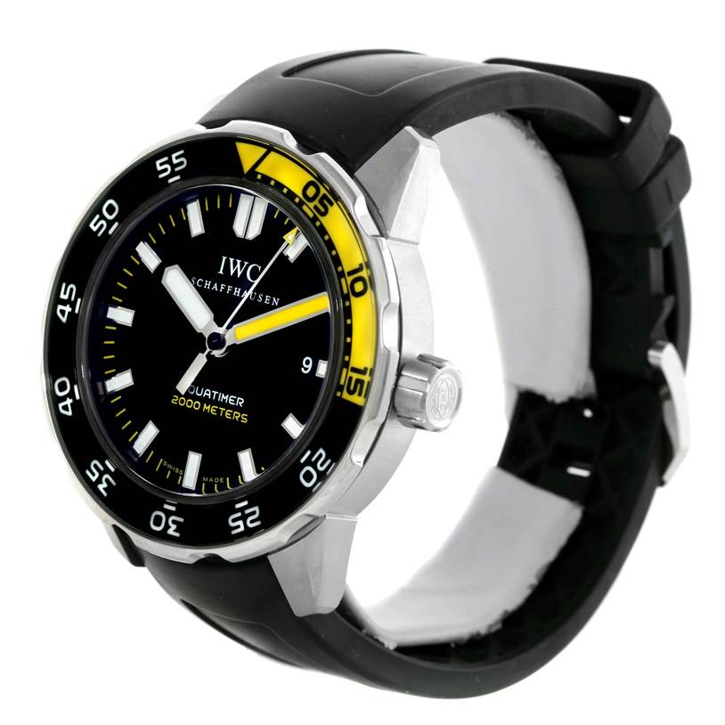 The image shows an IWC Aquatimer IW356802 Men
s Stainless Steel Black Dial IW356802 Men
s Stainless Steel Black Dial watch at an angle displaying its bezel, dial, crown, and rubber strap.