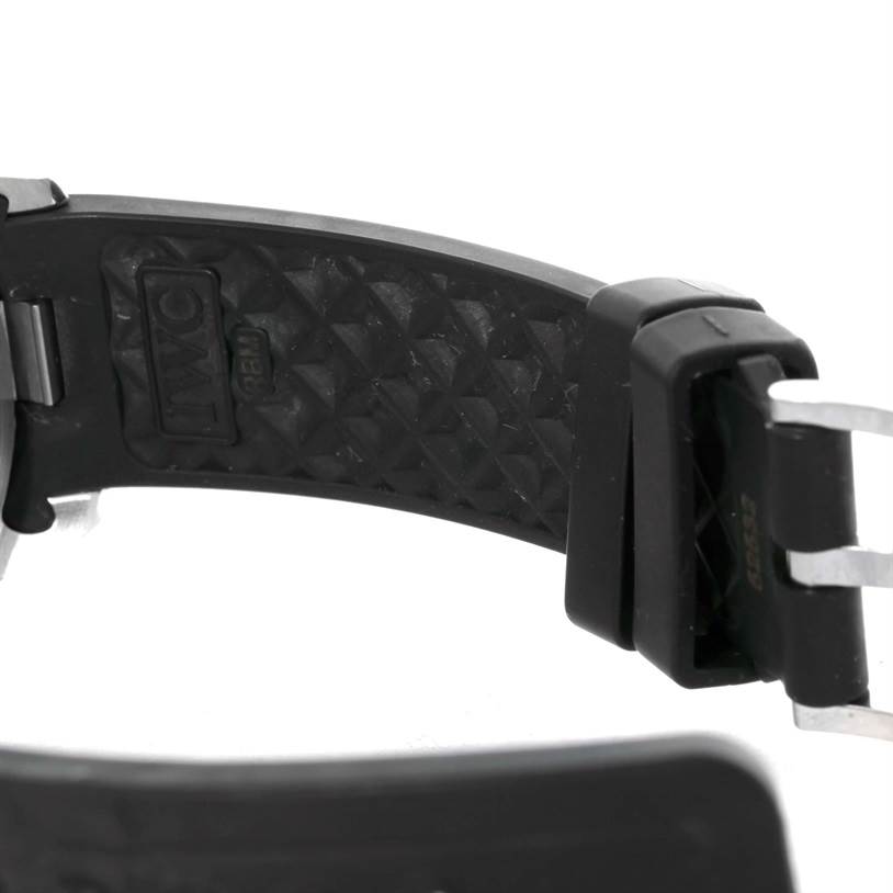 The image shows a close-up of the strap and buckle of an IWC Aquatimer IW356802 Men
s Stainless Steel Black Dial IW356802 Men
s Stainless Steel Black Dial watch.
