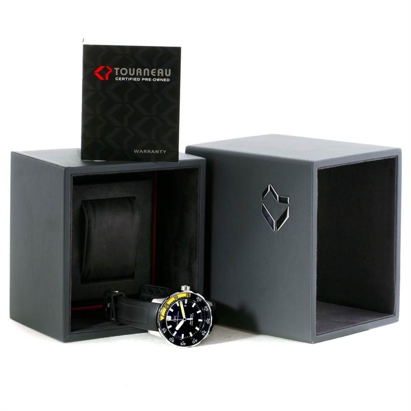 The image shows an IWC Aquatimer IW356802 Men
s Stainless Steel Black Dial IW356802 Men
s Stainless Steel Black Dial watch with its box and warranty card, viewed from a front angle.