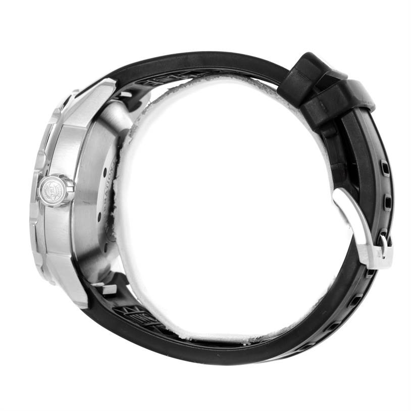 The image shows a side view angle of an IWC Aquatimer IW356802 Men
s Stainless Steel Black Dial IW356802 Men
s Stainless Steel Black Dial watch, highlighting its crown, bezel, case, and black strap with a buckle.