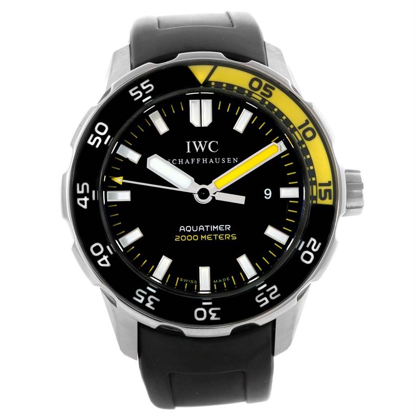 The image shows a frontal view of the IWC Aquatimer IW356802 Men
s Stainless Steel Black Dial IW356802 Men
s Stainless Steel Black Dial watch, displaying its dial, bezel, and strap.