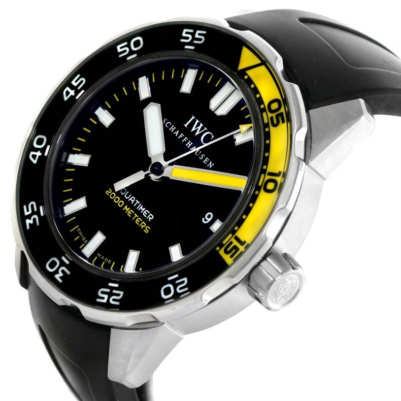 The IWC Aquatimer IW356802 Men
s Stainless Steel Black Dial IW356802 Men
s Stainless Steel Black Dial watch is shown at a slight angle, highlighting its face, bezel, crown, and black rubber strap.