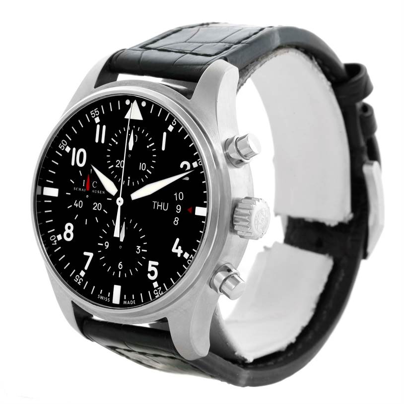 The IWC Pilot IW377701 Men's Stainless Steel Black Dial IW377701 Men's Stainless Steel Black Dial watch is shown at a three-quarter angle, displaying its black dial, side crown, and buttons on a black leather strap.
