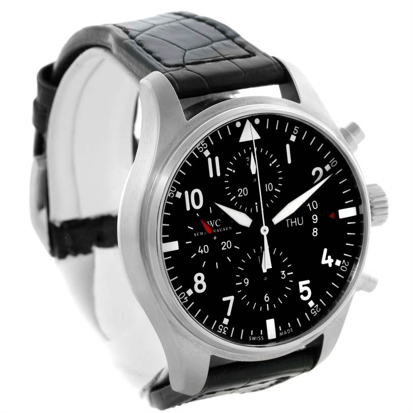 The IWC Pilot IW377701 Men's Stainless Steel Black Dial IW377701 Men's Stainless Steel Black Dial model watch is shown at a three-quarter angle displaying its dial, crown, and part of the black leather strap.