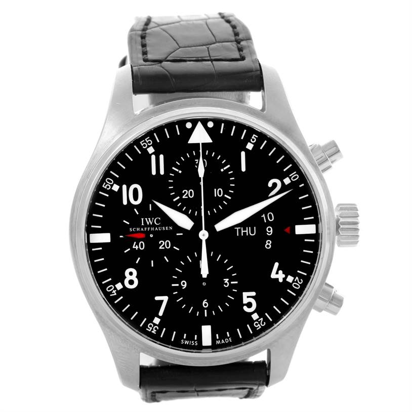 The image shows a front view of the IWC Pilot IW377701 Men's Stainless Steel Black Dial IW377701 Men's Stainless Steel Black Dial model watch, featuring a black dial, white numerals, and a leather strap.
