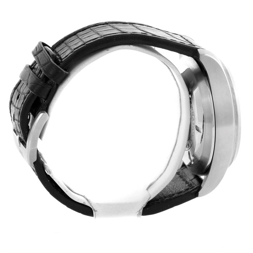 The image shows a side view of the IWC Pilot IW377701 Men's Stainless Steel Black Dial IW377701 Men's Stainless Steel Black Dial model watch, highlighting the leather strap, buckle, and case.