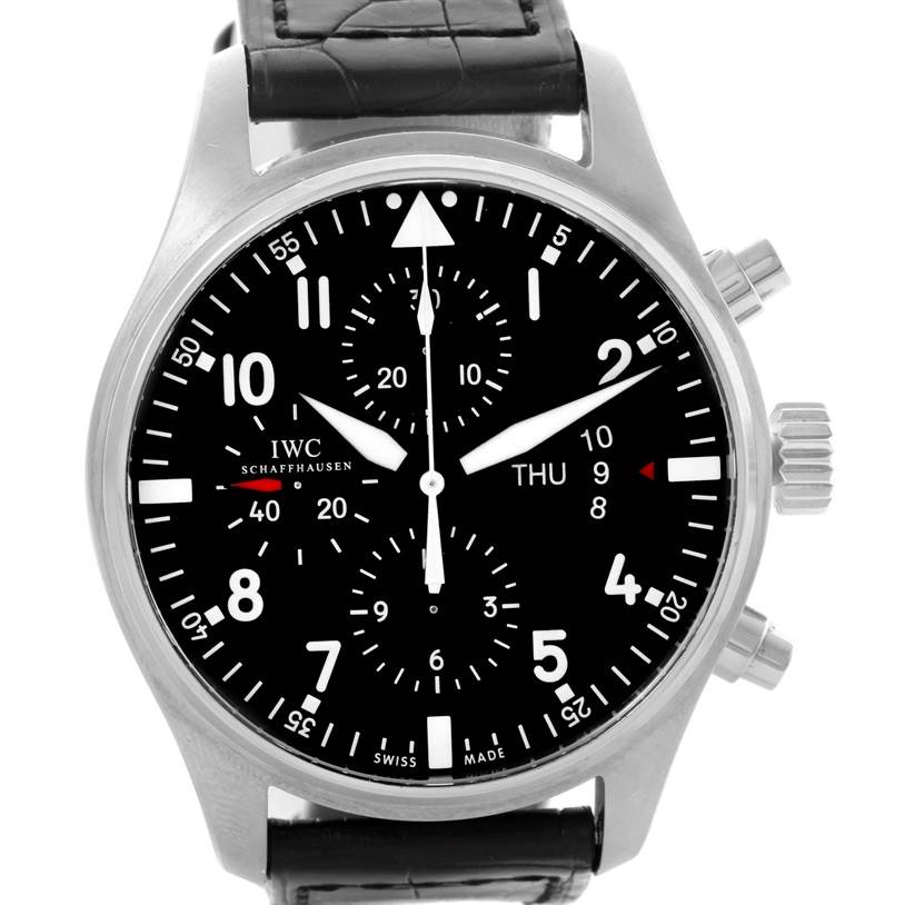 This is a straight-on view of the IWC Pilot IW377701 Men's Stainless Steel Black Dial IW377701 Men's Stainless Steel Black Dial watch, displaying its dial, bezel, crown, and chronograph pushers.