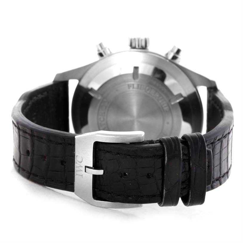 The image shows the rear view of the IWC Pilot IW377701 Men's Stainless Steel Black Dial IW377701 Men's Stainless Steel Black Dial model watch, displaying its black leather strap and buckle.